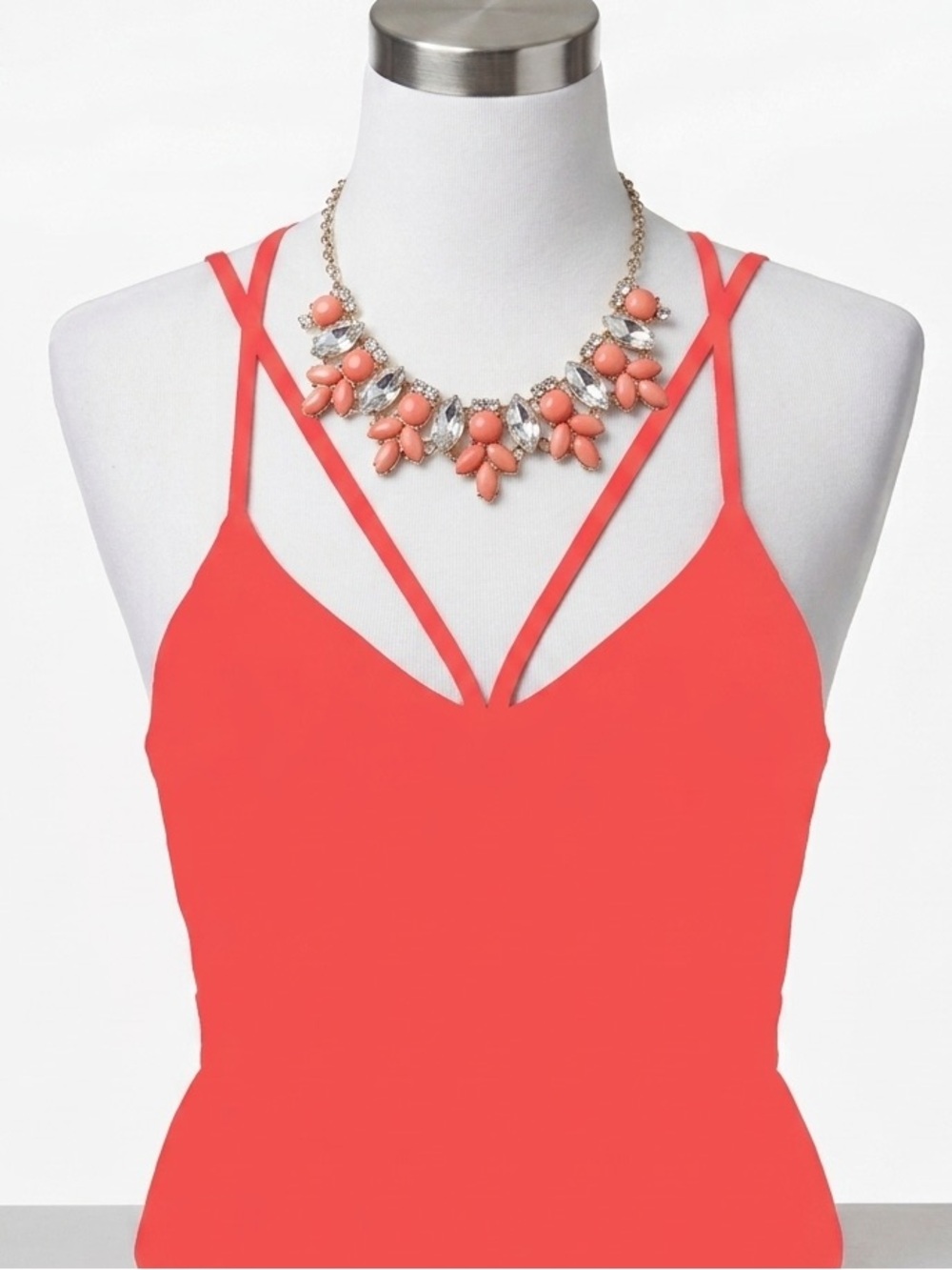 Coral Pink Statement Necklace Clear Crystal Kate Spade Inspired Chunky Style Bib